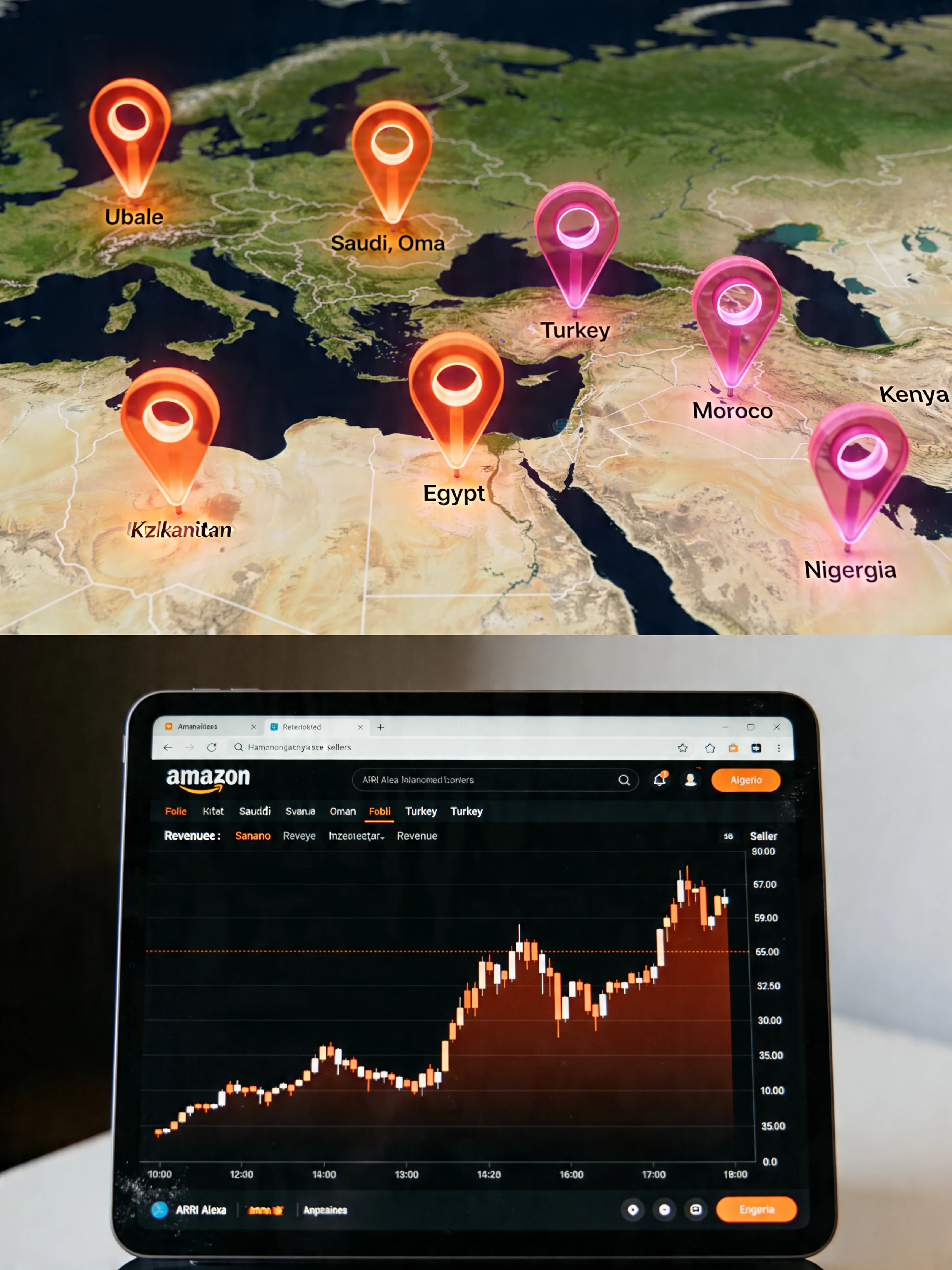 DANDAR General Trading Amazon Seller dashboard with world map pins across MENA, CIS and Africa, UAE electronics export case study