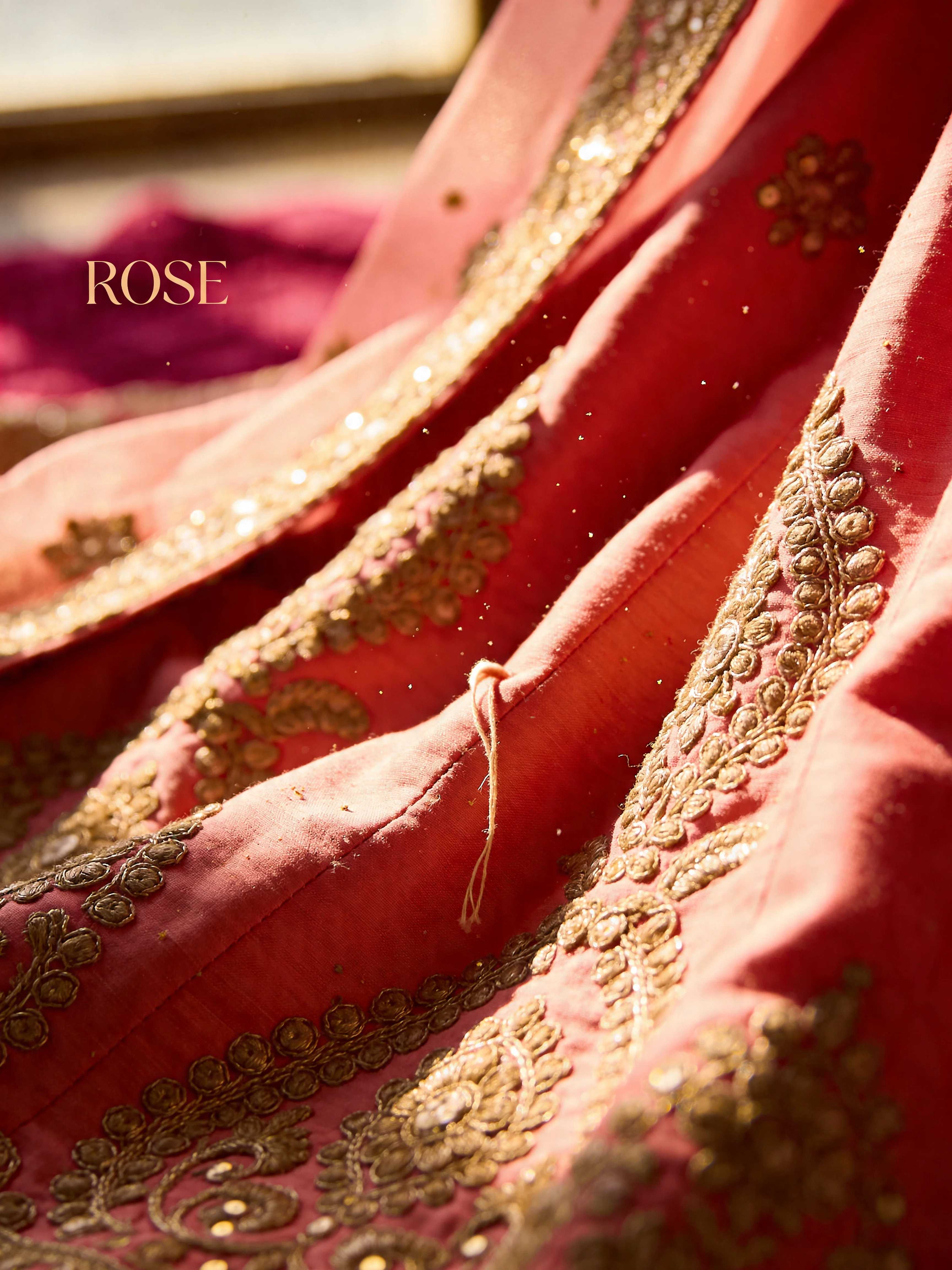 ROSE Dressing Room bridal lehenga with gold embroidery close-up, India bridal brand launch case study